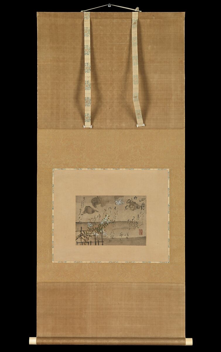 “Fourth Month” from Fujiwara no Teika’s “Birds and Flowers of the Twelve Months”, Ogata Kenzan (Japanese, 1663–1743), Hanging scroll; ink and color on paper, Japan