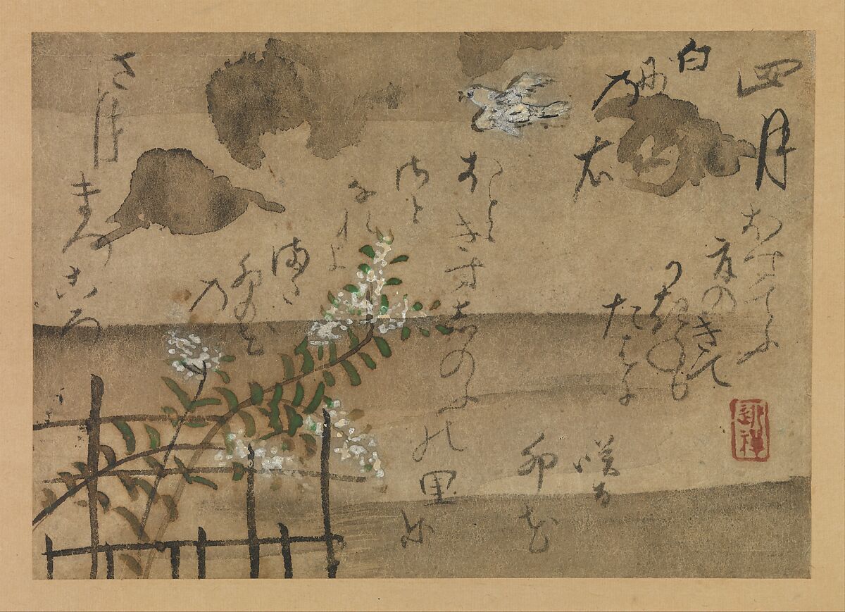 “Fourth Month” from Fujiwara no Teika’s “Birds and Flowers of the Twelve Months”, Ogata Kenzan (Japanese, 1663–1743), Hanging scroll; ink and color on paper, Japan 
