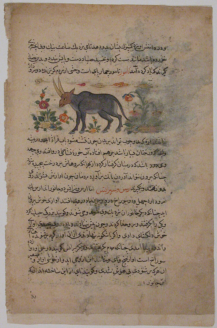 "Steinbok", Folio from a Dispersed Nuzhatnama-i ‘A’a’i of Shahmardan ibn Abi’l Khayr, Shamardan ibn Abi &#39;l Khayr (Iranian, active late 11th–early 12th century), Ink, opaque watercolor, and gold on paper 