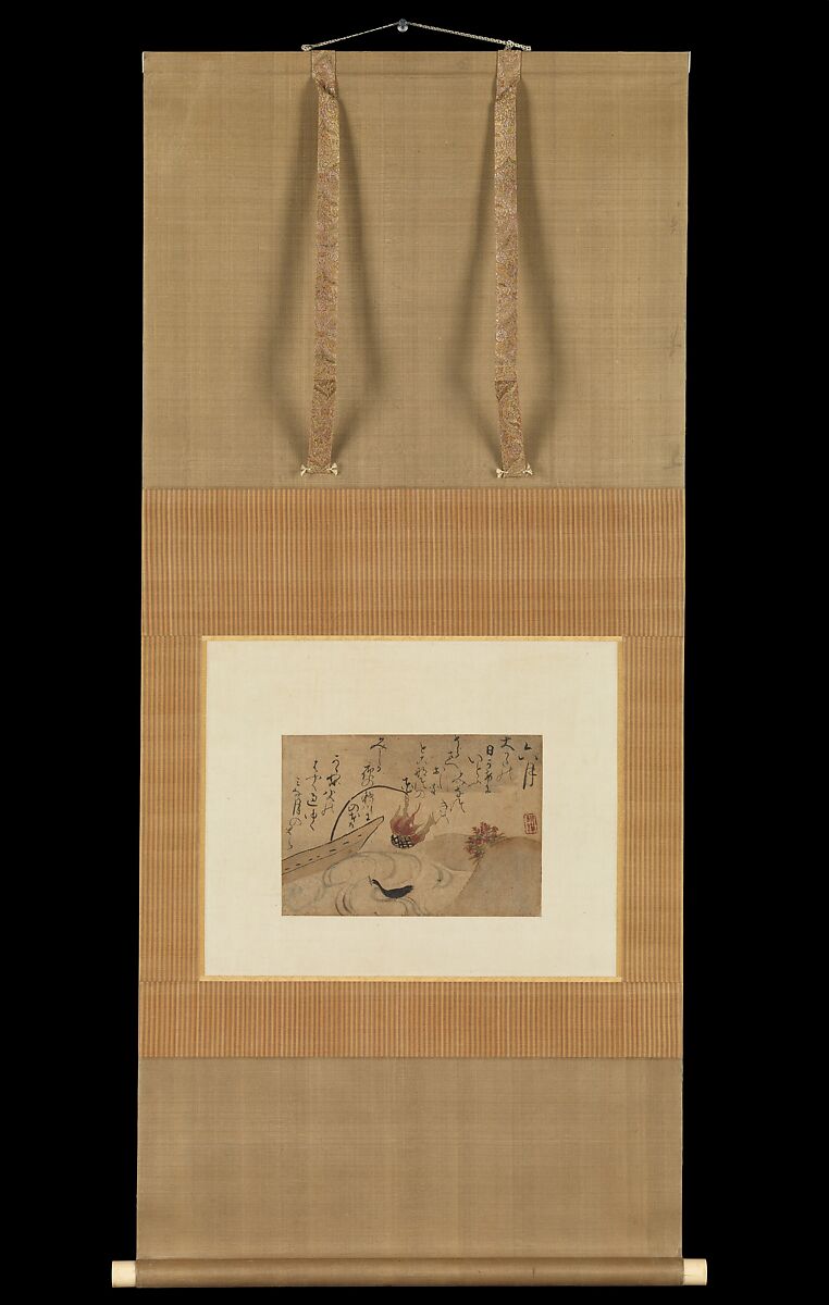 “Sixth Month” from Fujiwara no Teika’s “Birds and Flowers of the Twelve Months”, Ogata Kenzan (Japanese, 1663–1743), Hanging scroll; ink and color on paper, Japan