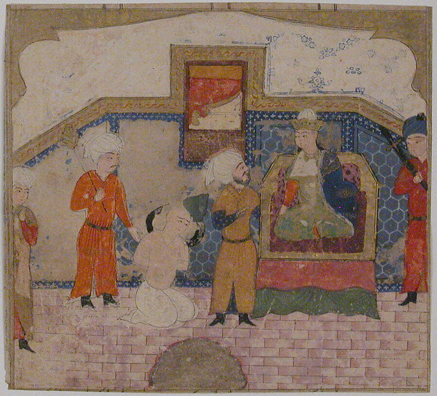 "Zahhak Brought as a Prisoner before Faridun", Folio from a Shahnama (Book of Kings), Abu&#39;l Qasim Firdausi (Iranian, Paj ca. 940/41–1020 Tus), Ink, opaque watercolor, gold, and silver on paper 