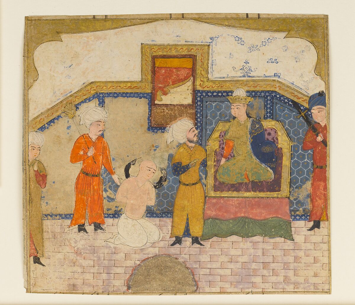 "Zahhak Brought as a Prisoner before Faridun", Folio from a Shahnama (Book of Kings), Abu'l Qasim Firdausi (Iranian, Paj ca. 940/41–1020 Tus), Ink, opaque watercolor, gold, and silver on paper