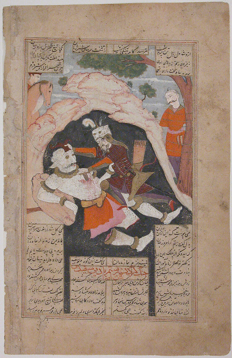 "Rustam's Seventh Course: He Kills the White Div",  Folio from a Shahnama (Book of Kings), Abu'l Qasim Firdausi (Iranian, Paj ca. 940/41–1020 Tus), Ink, opaque watercolor, silver, and gold on paper