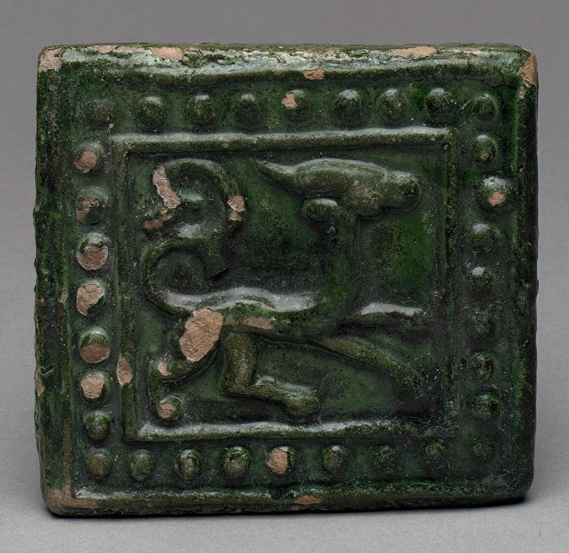 Square Tile, Earthenware; molded and monochrome glazed 