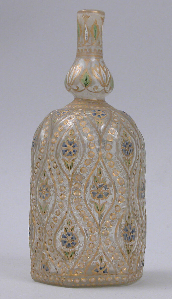 Perfume Sprinkler, Glass, colorless; mold blown, enameled and gilded