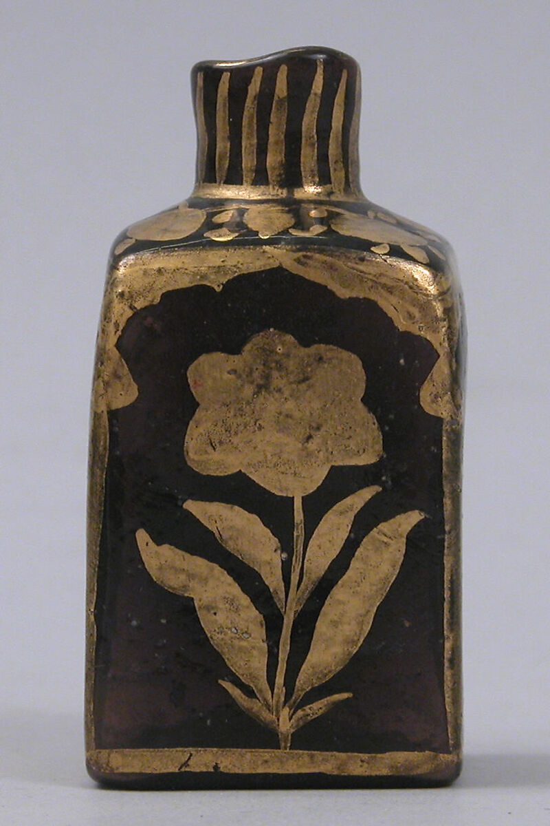 Bottle with Gilded Flowers, Glass, purple; mold blown, gilded 