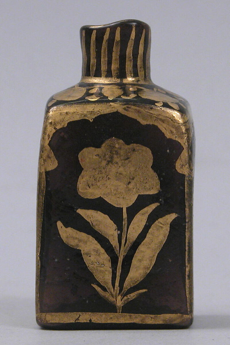 Bottle with Gilded Flowers, Glass, purple; mold blown, gilded