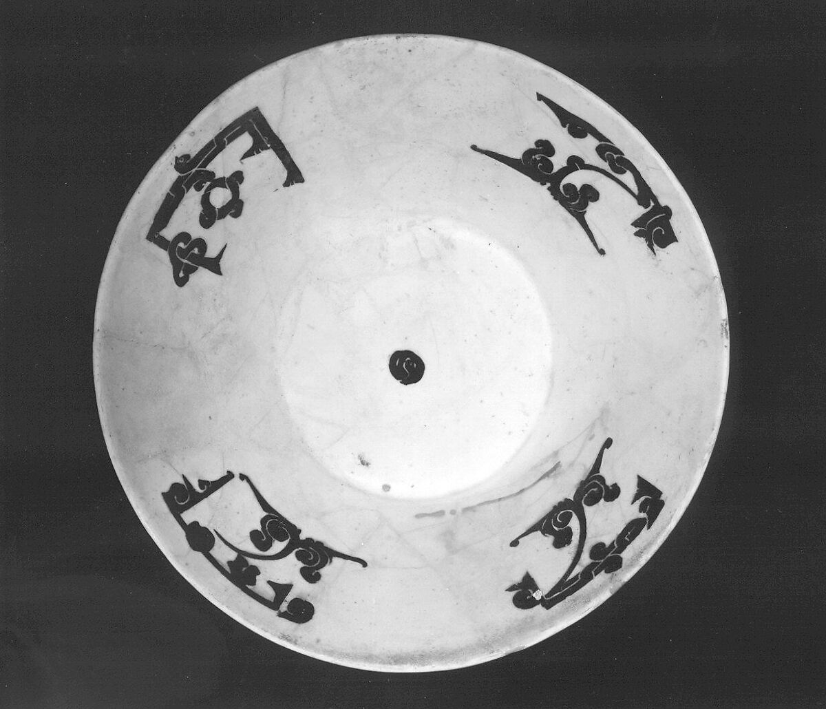 Bowl, Earthenware; white slip with incised black slip decoration under transparent glaze