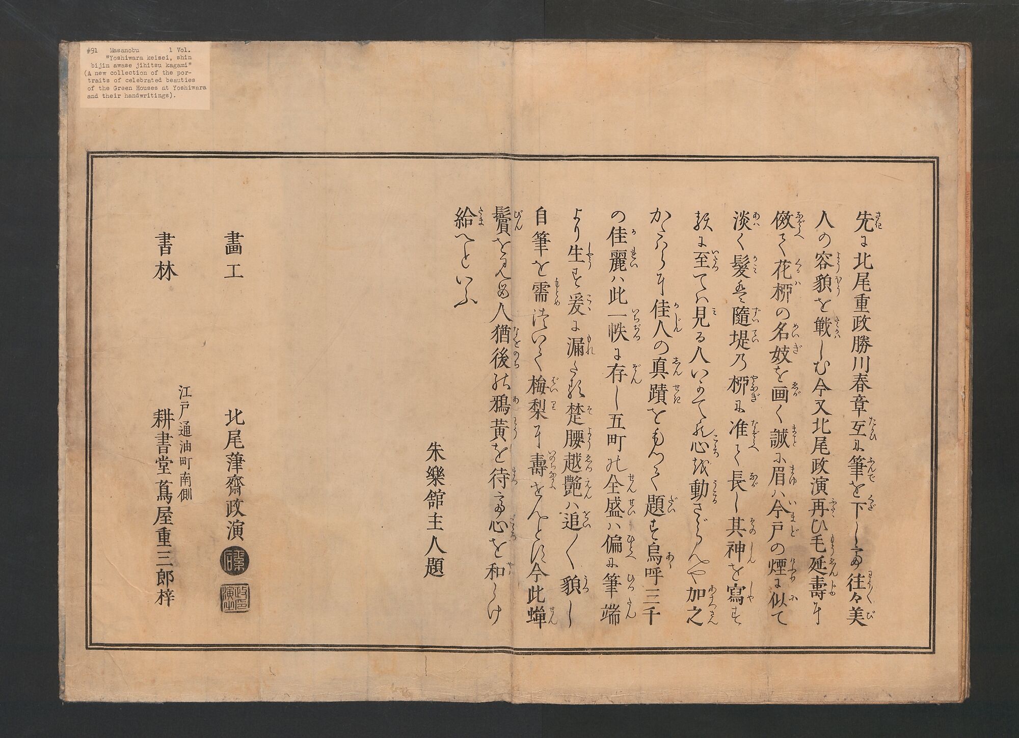 N*y様 希少　北尾政演　蔦屋重三郎　浮世絵 「吉原傾城　新美人合自筆鏡　完」木 Kitao Masanobu (Santō Kyōden) 北尾政演 (山東京伝) - Yoshiwara