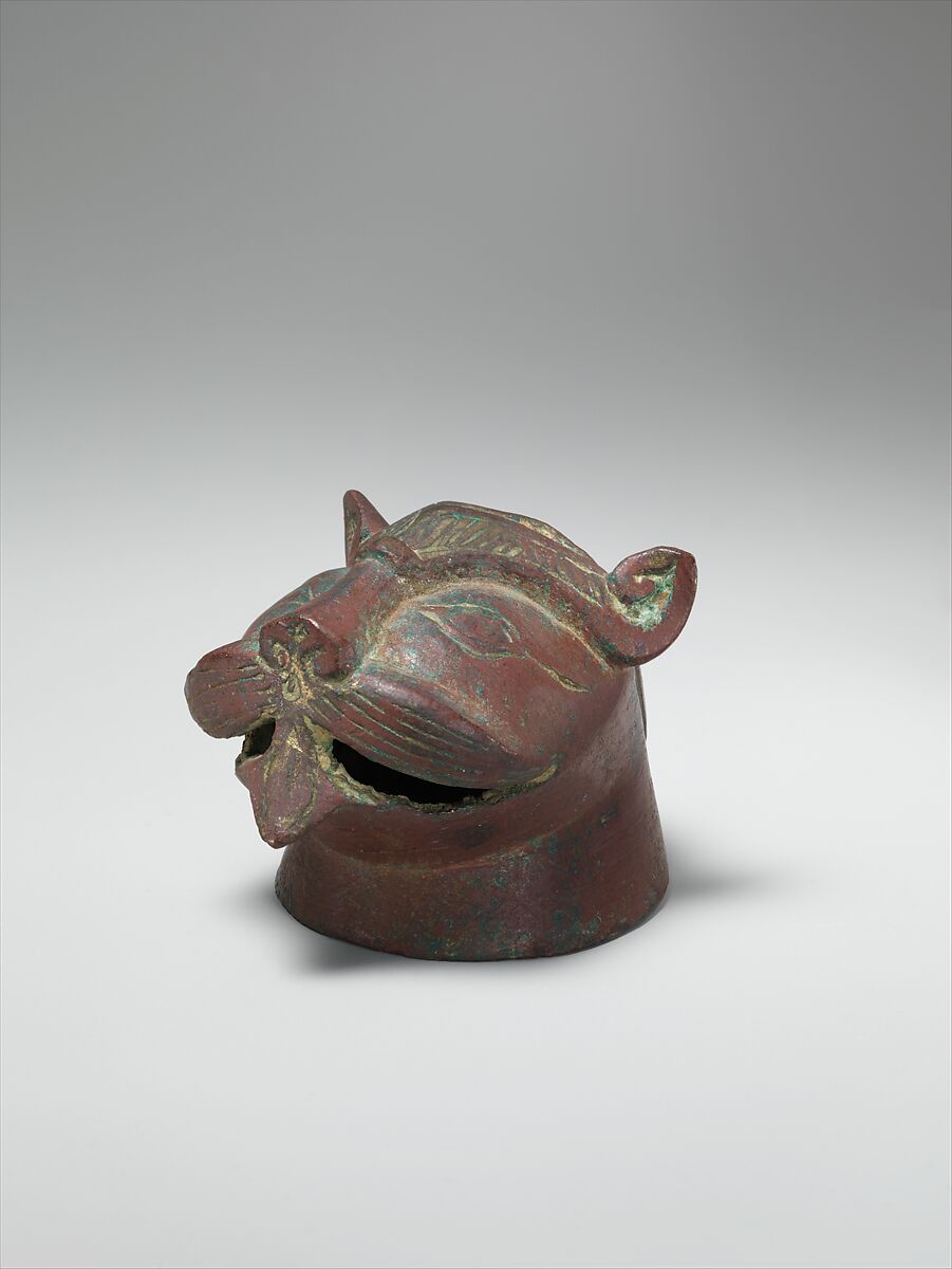Incense Burner in the Shape of a Lion's Head, Bronze; cast, engraved, and pierced 