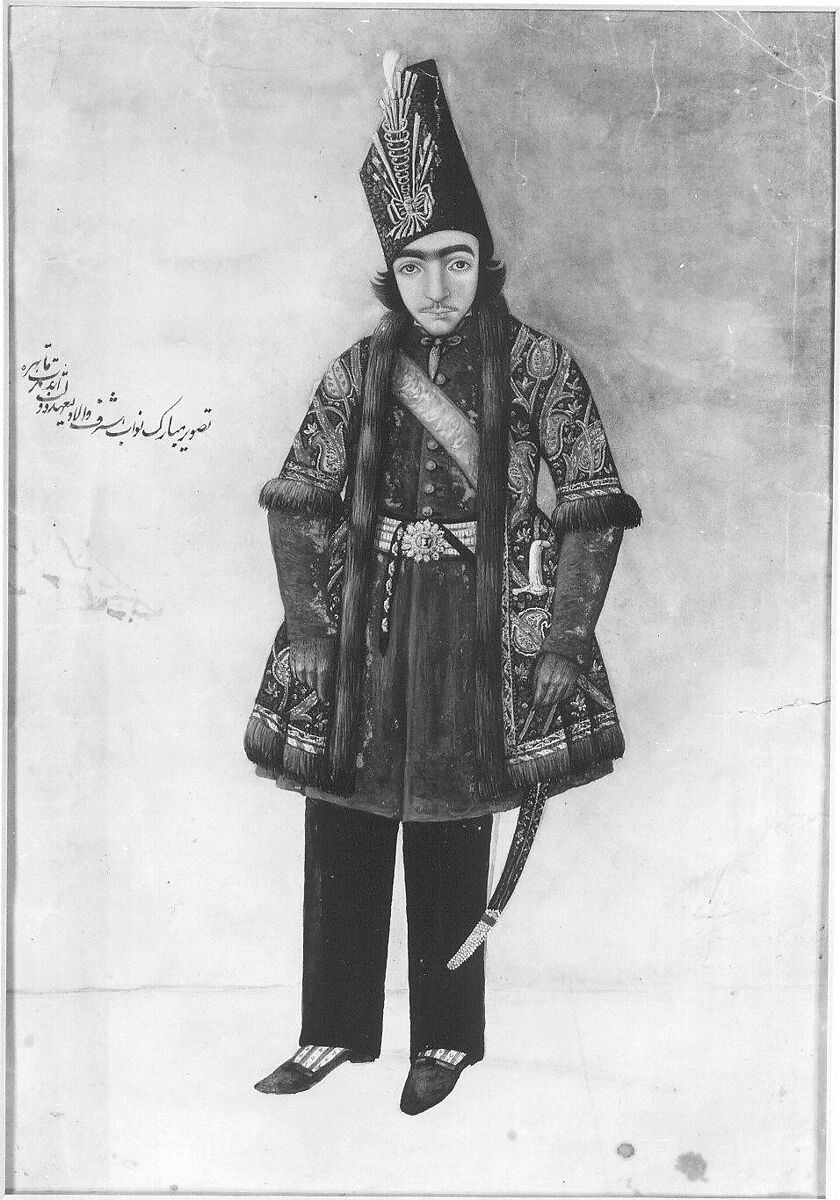 Portrait of Prince Nasir al-Din Mirza, Aqa Buzurg Shirazi (Iranian, active ca. 1840–1860), Watercolor on paper