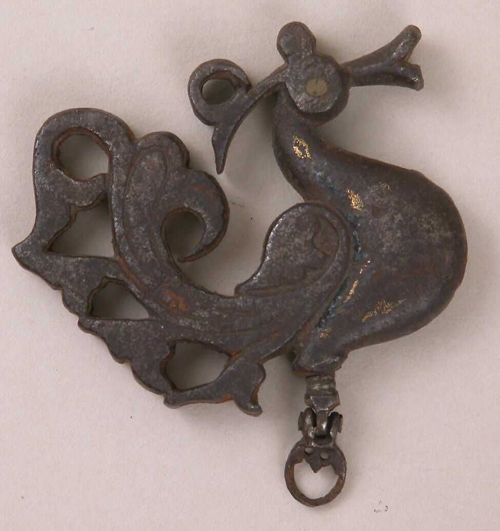Kohl Bottle in the Shape of a Duck, Iron; cast and engraved, gold overlay, inlaid eyes