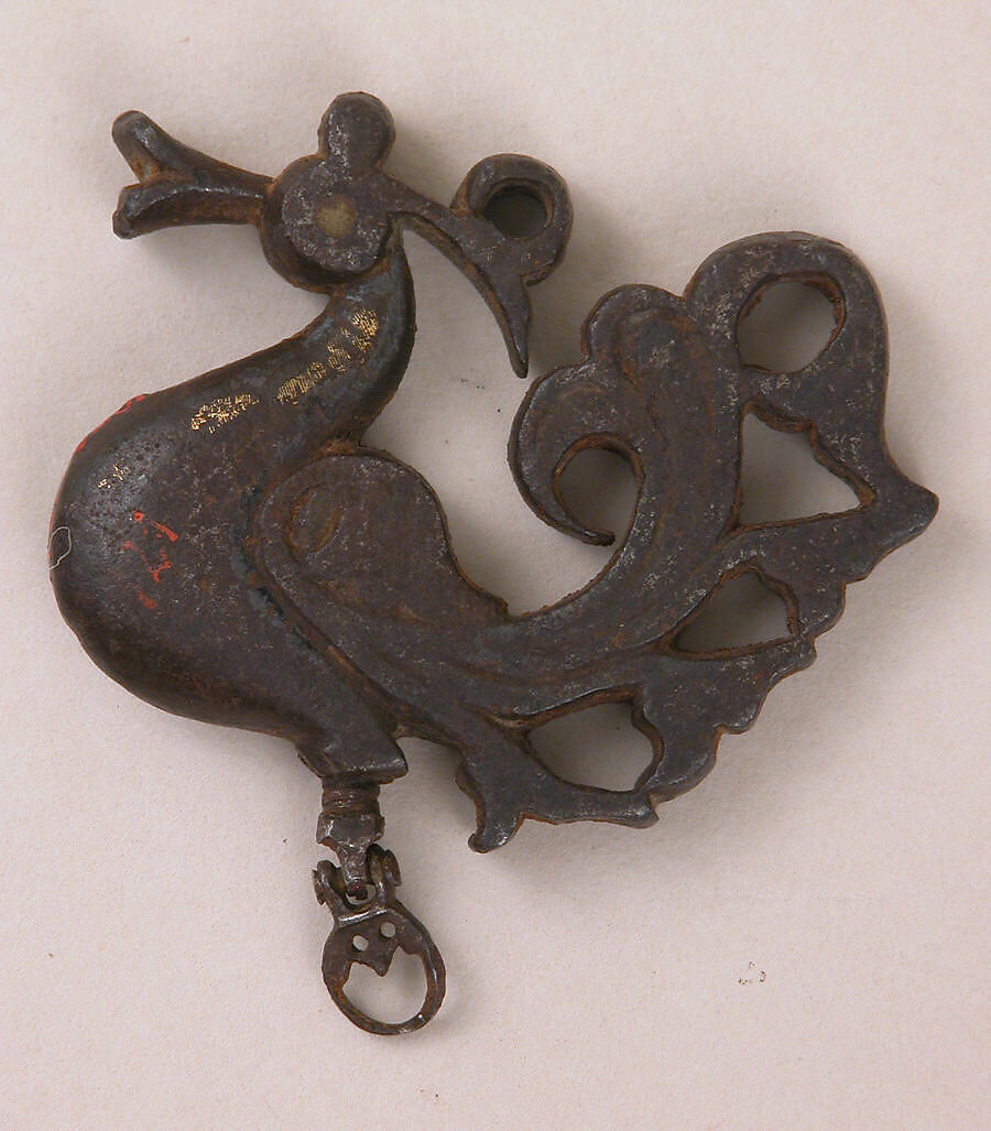 Kohl Bottle in the Shape of a Duck, Iron; cast and engraved, gold overlay, inlaid eyes 