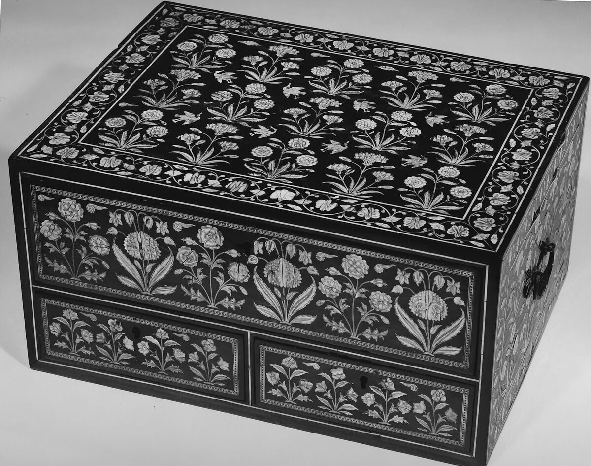 Flower-Style Box with Drawers, Wood (poplar); overlaid with ebony inlaid with wood and incised, stained ivory