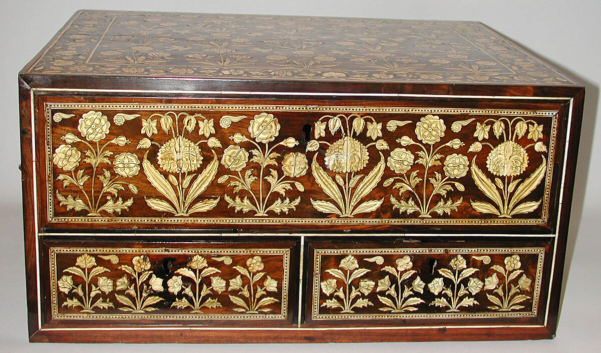 Flower-Style Box with Drawers, Wood (poplar); overlaid with ebony inlaid with wood and incised, stained ivory