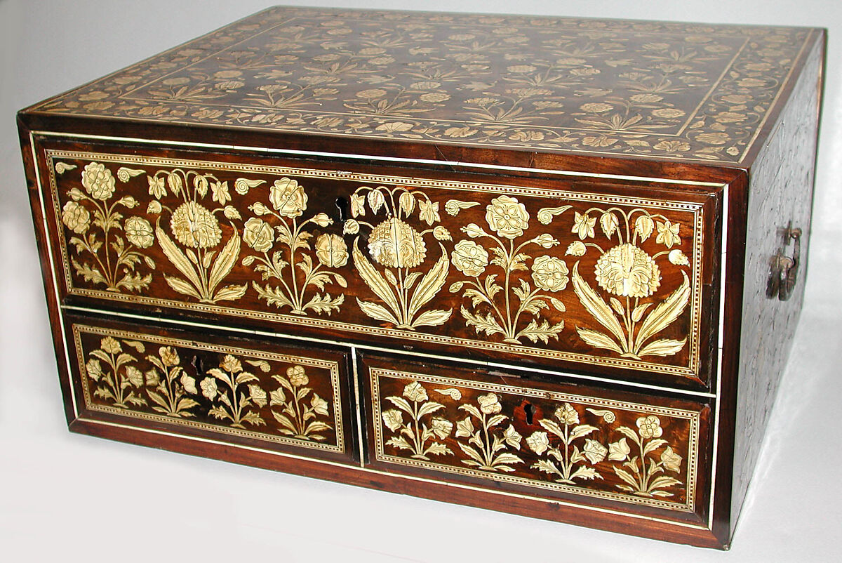 Flower-Style Box with Drawers, Wood (poplar); overlaid with ebony inlaid with wood and incised, stained ivory 