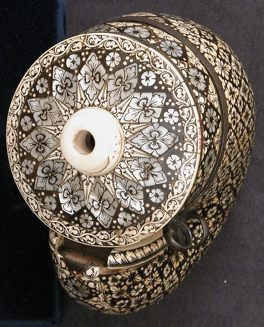 Inlaid Powder Horn, Wood overlaid with horn, mother-of-pearl, and ivory; silver