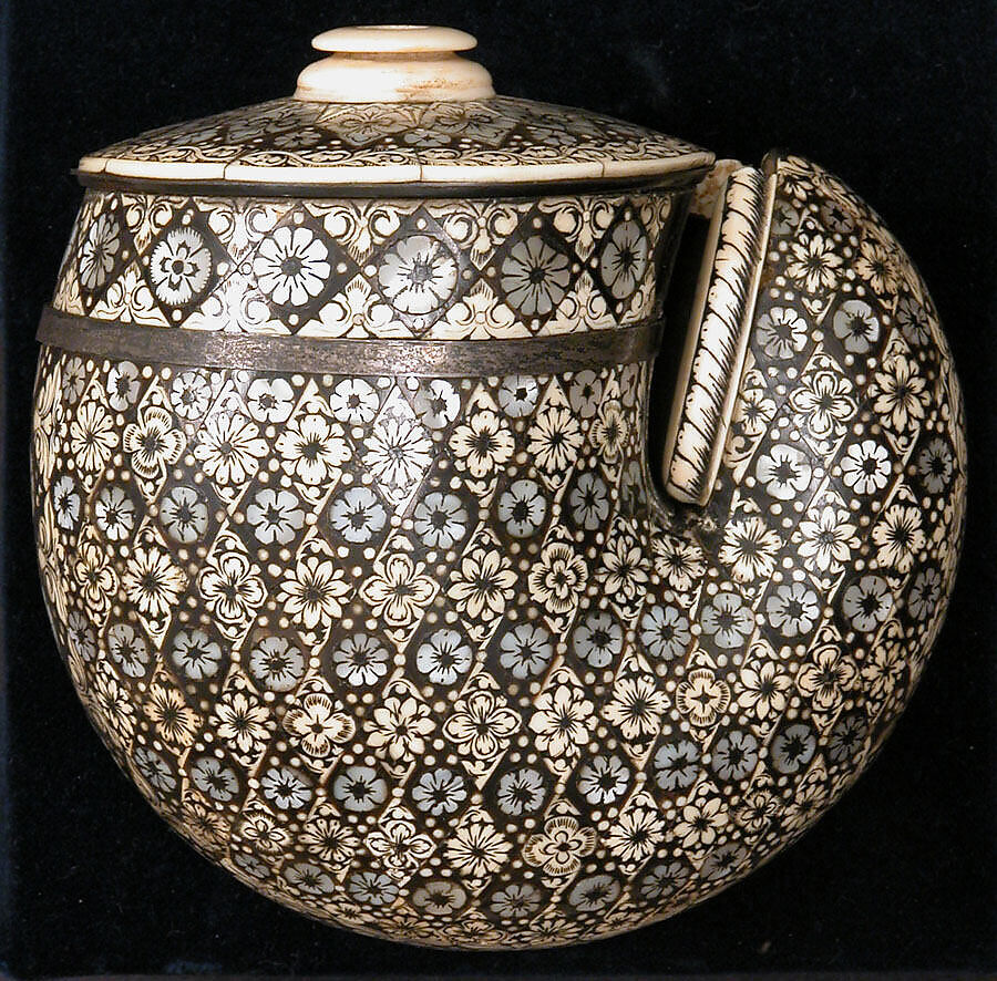 Inlaid Powder Horn, Wood overlaid with horn, mother-of-pearl, and ivory; silver