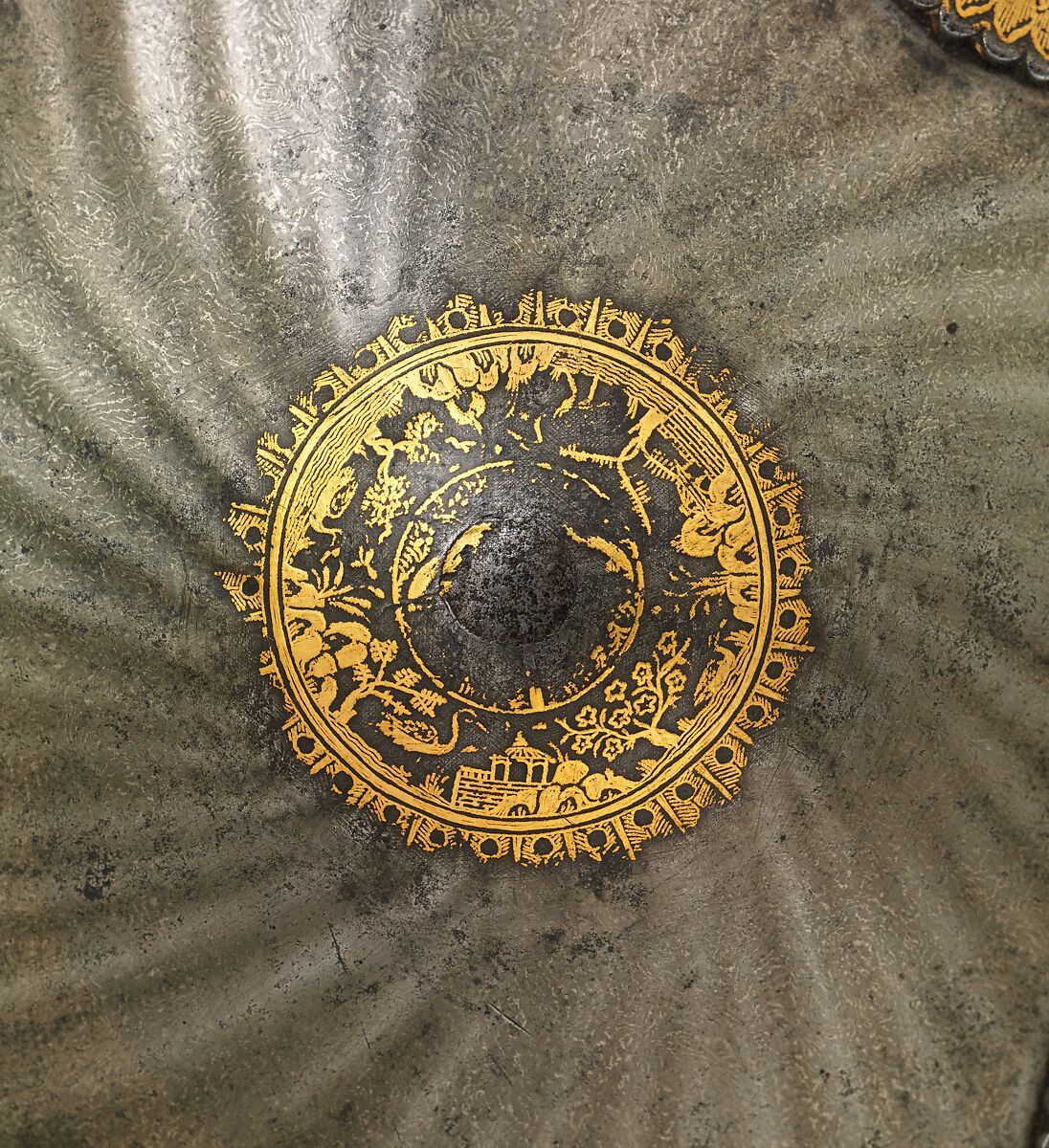 Shield with Hunting and Landscape Vignettes, Steel; with gold overlay