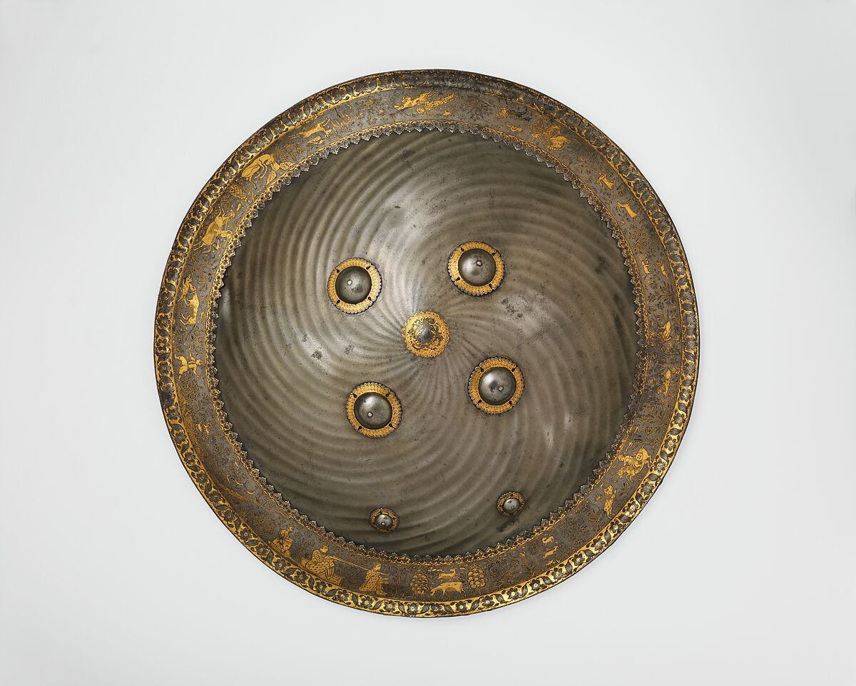 Shield with Hunting and Landscape Vignettes, Steel; with gold overlay 