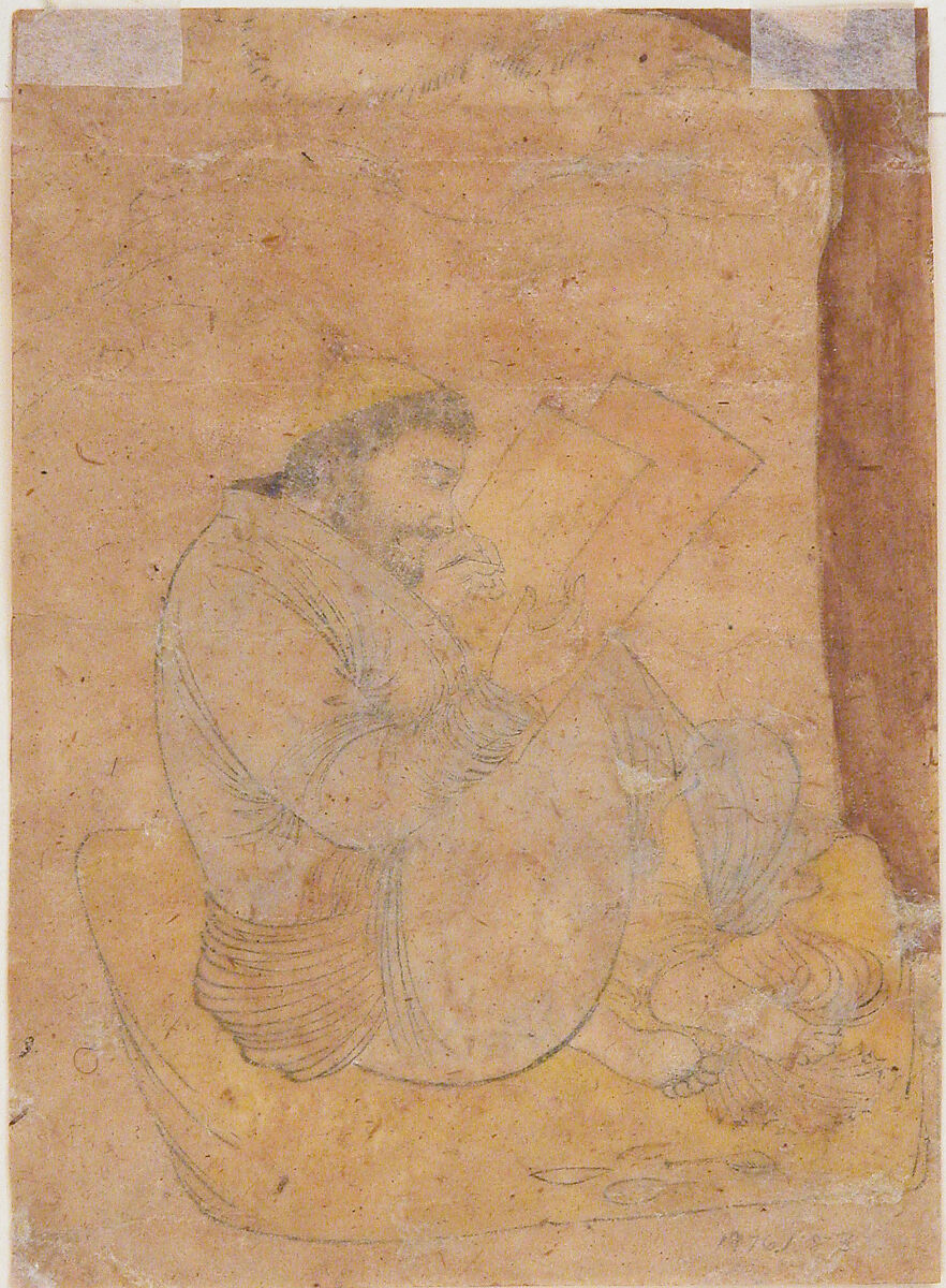 Seated Man Painting or Writing, Ink and opaque watercolor on paper