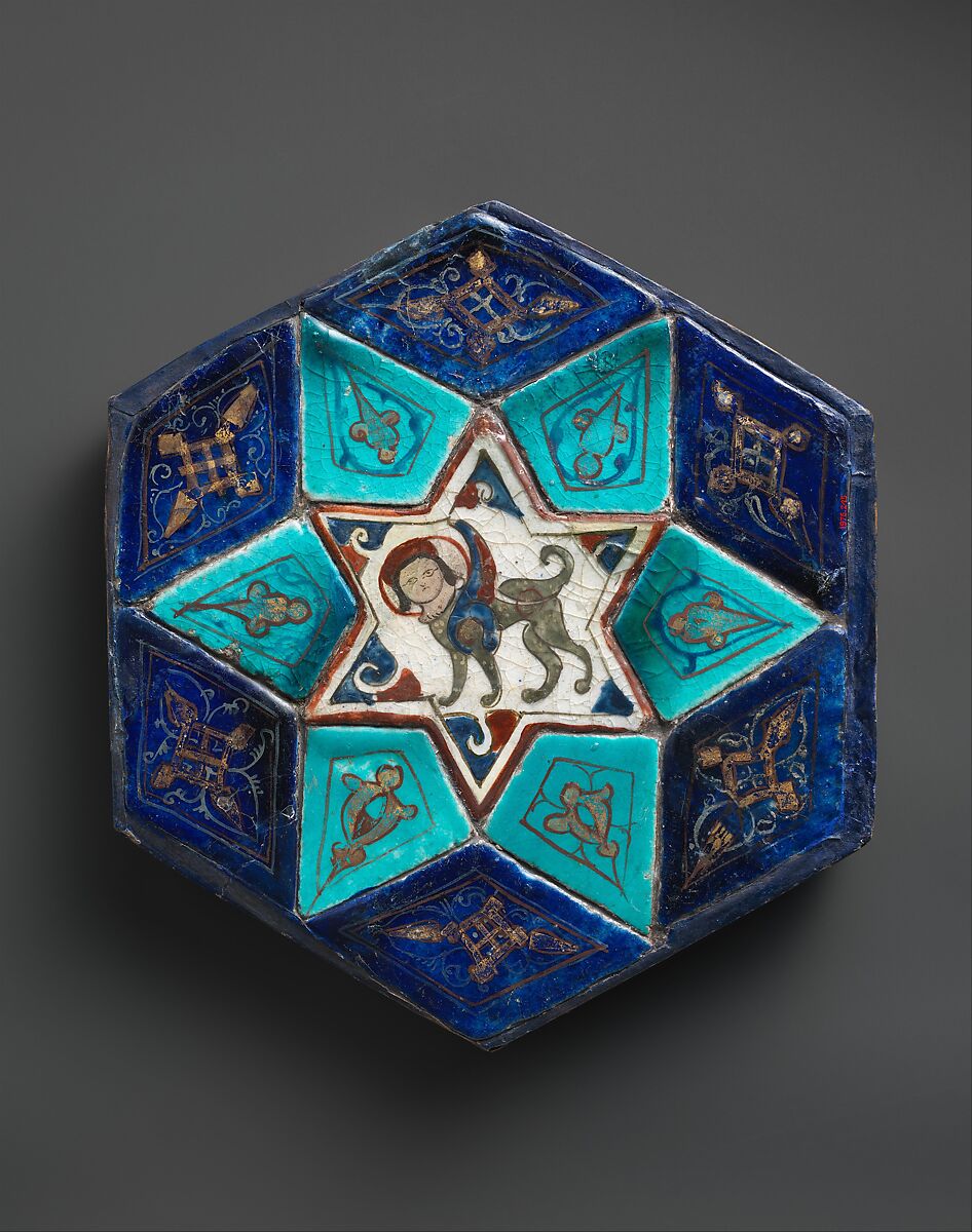 Hexagonal Tile Ensemble with Sphinx, Stonepaste; over- and underglaze-painted, gilded 