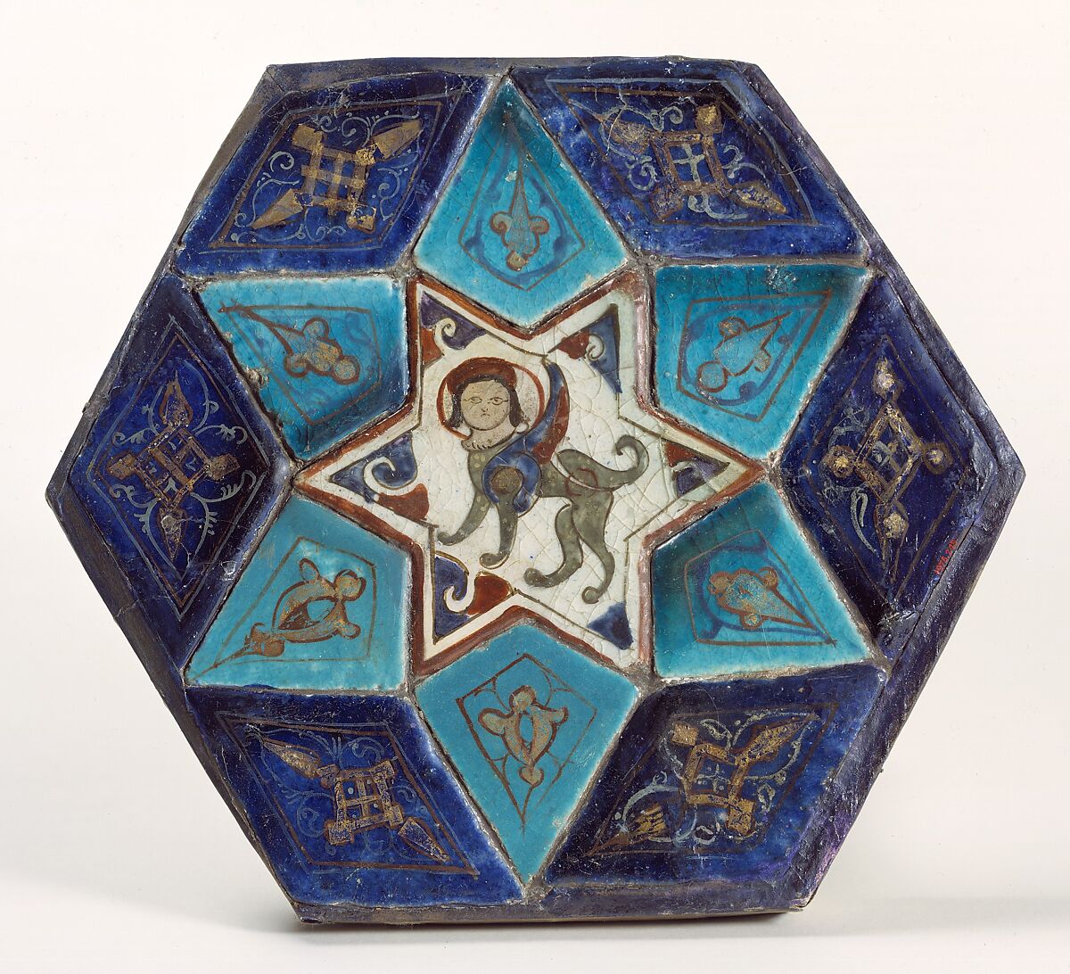 Hexagonal Tile Ensemble with Sphinx, Stonepaste; over- and underglaze-painted, gilded