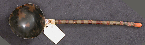 Spoon, Tortoise shell, ivory, glass?, brass and coral 