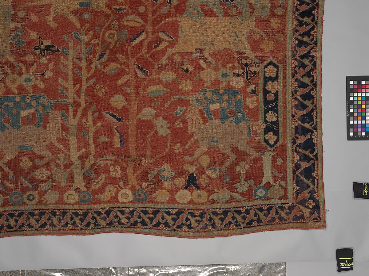 Carpet, Cotton (warp and weft), wool (pile); symmetrically knotted pile