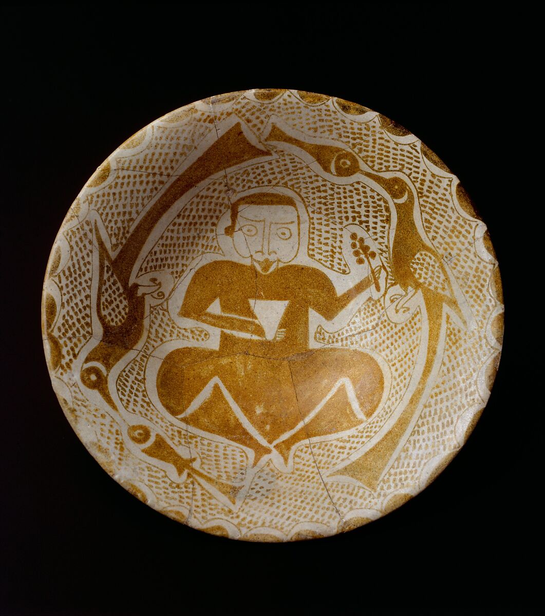 Bowl depicting a Man holding a Cup and a Flowering Branch, Earthenware; luster-painted on opaque white glaze 