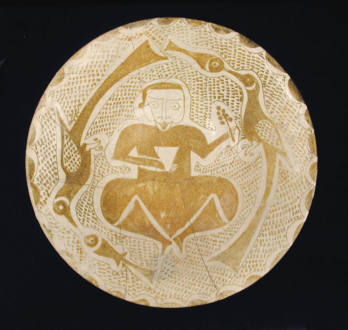 Bowl depicting a Man holding a Cup and a Flowering Branch, Earthenware; luster-painted on opaque white glaze