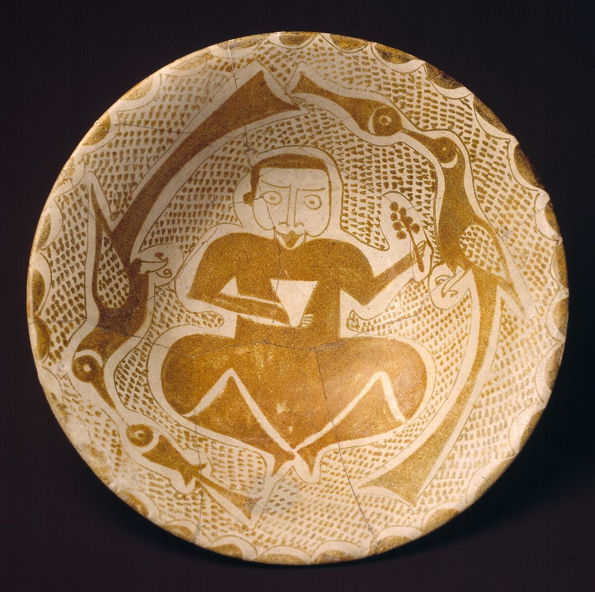 Bowl depicting a Man holding a Cup and a Flowering Branch, Earthenware; luster-painted on opaque white glaze