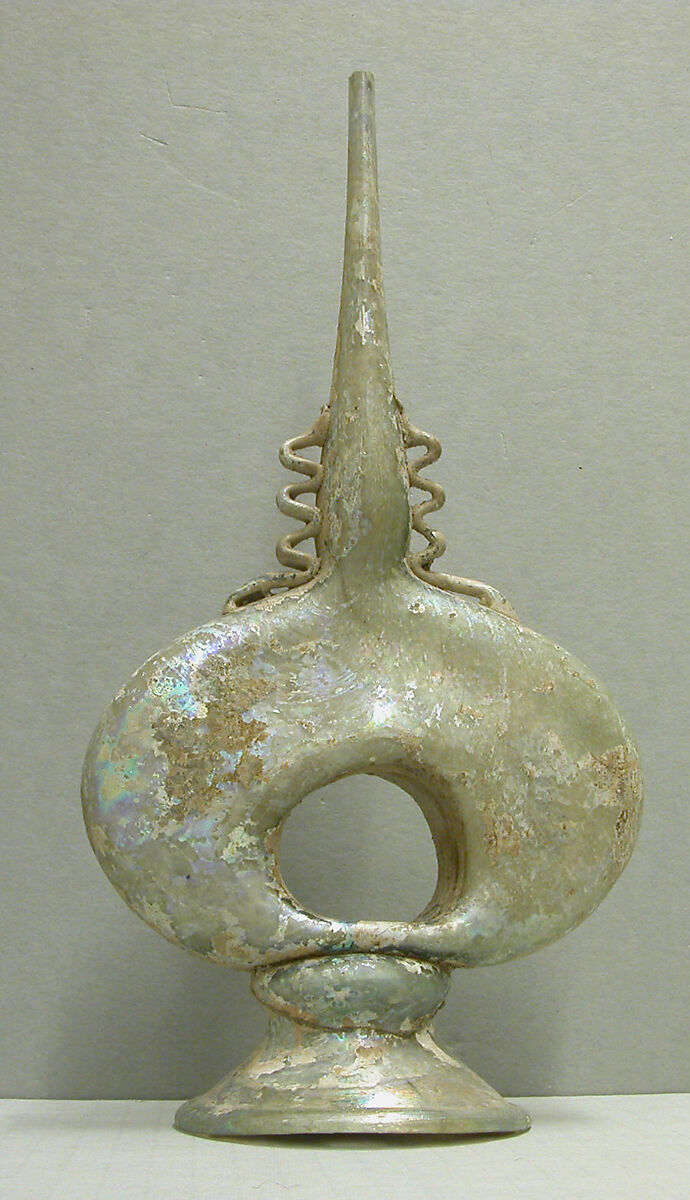 Perfume Sprinkler (Qumqum), Greenish glass; blown, applied blown foot, applied decoration