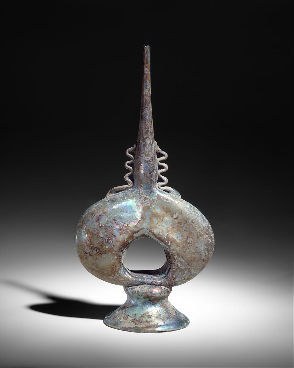 Perfume Sprinkler (Qumqum), Greenish glass; blown, applied blown foot, applied decoration
