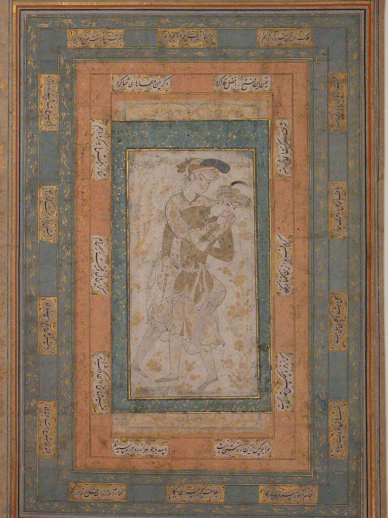 Two Youths Romping, Ink, pencil, opaque watercolor, and gold on paper