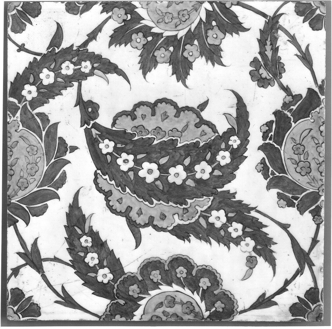 Tile with 'Saz' Leaf Design, Stonepaste; polychrome painted under transparent glaze