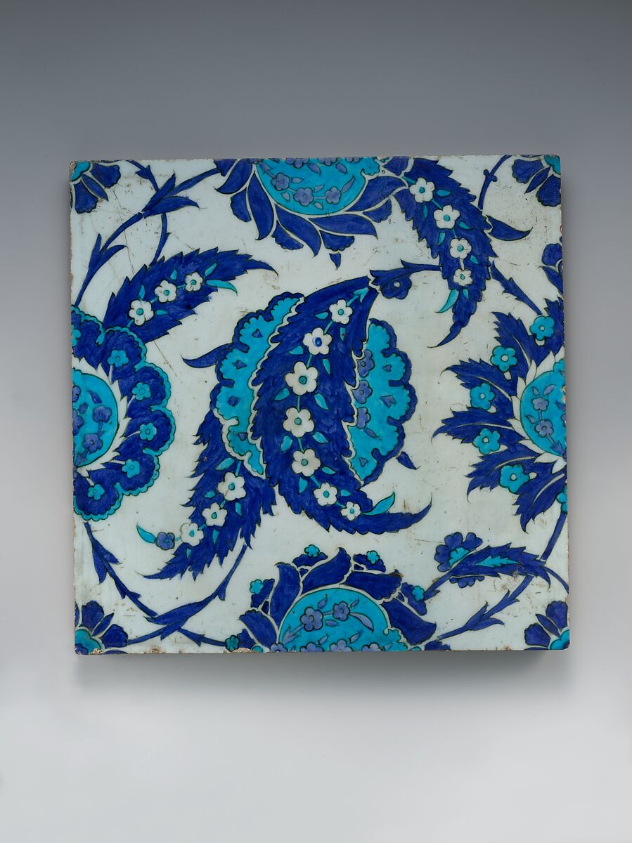Tile with 'Saz' Leaf Design, Stonepaste; polychrome painted under transparent glaze 