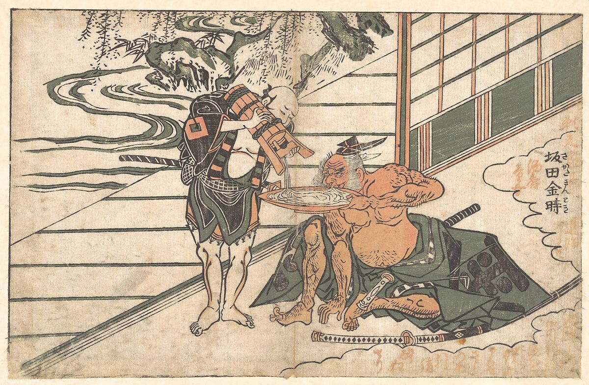 Legendary Strongman Sakata Kinpira (Kintoki) Drinking Sake, Ishikawa Toyonobu (Japanese, 1711–1785), Woodblock print; ink and color on paper, Japan 