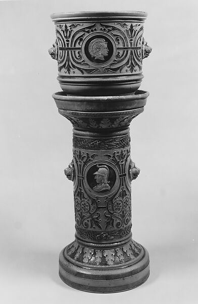 Jardinière and pedestal, Charles Wingender and Brother, Stoneware, American