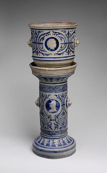 Jardinière and pedestal, Charles Wingender and Brother, Stoneware, American 