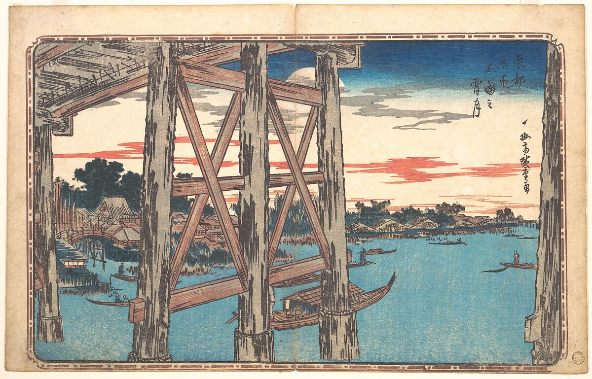 Twilight Moon at Ryōgoku Bridge, Utagawa Hiroshige  Japanese, Woodblock print; ink and color on paper, Japan