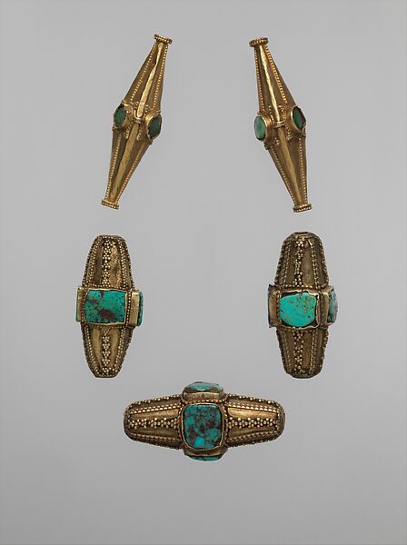 Beads, Gold, fabricated from sheet, wire, and swaged wire, decorated with granulation, set with turquoise 