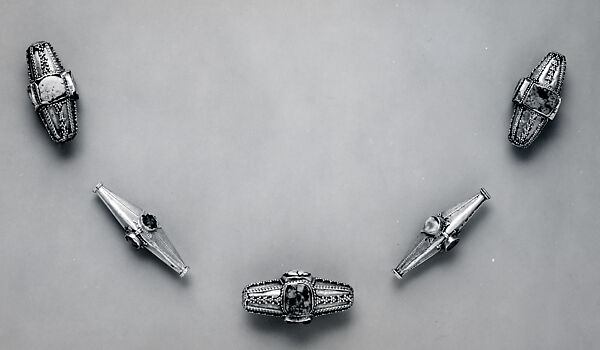 Beads, Gold, fabricated from sheet, wire, and swaged wire, decorated with granulation, set with turquoise