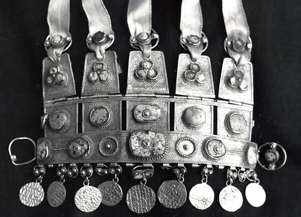 Beads, Gold, fabricated from sheet, wire, and swaged wire, decorated with granulation, set with turquoise