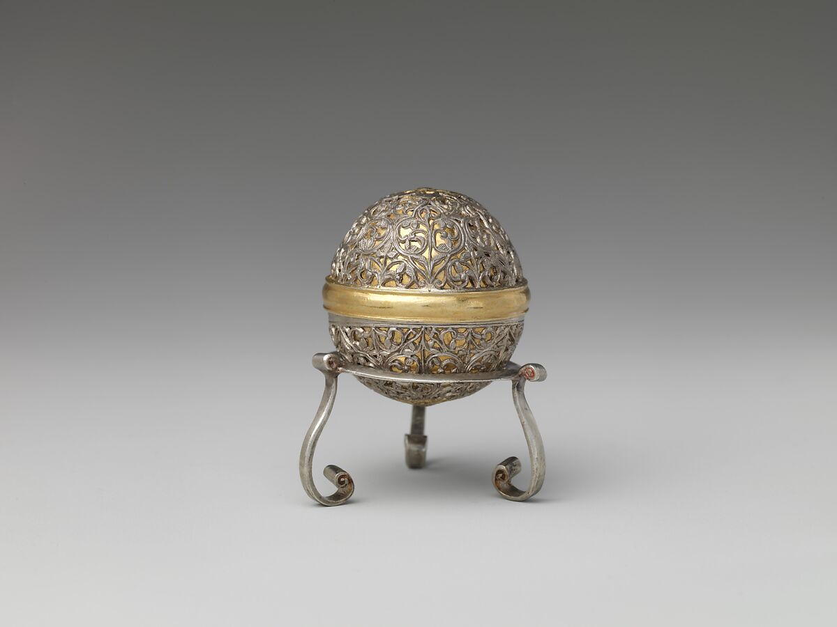 Bezoar Stone with Case and Stand, Container: silver; pierced, chased, and mercury-gilded
Goa stone: compound of organic and inorganic materials; mercury-gilded