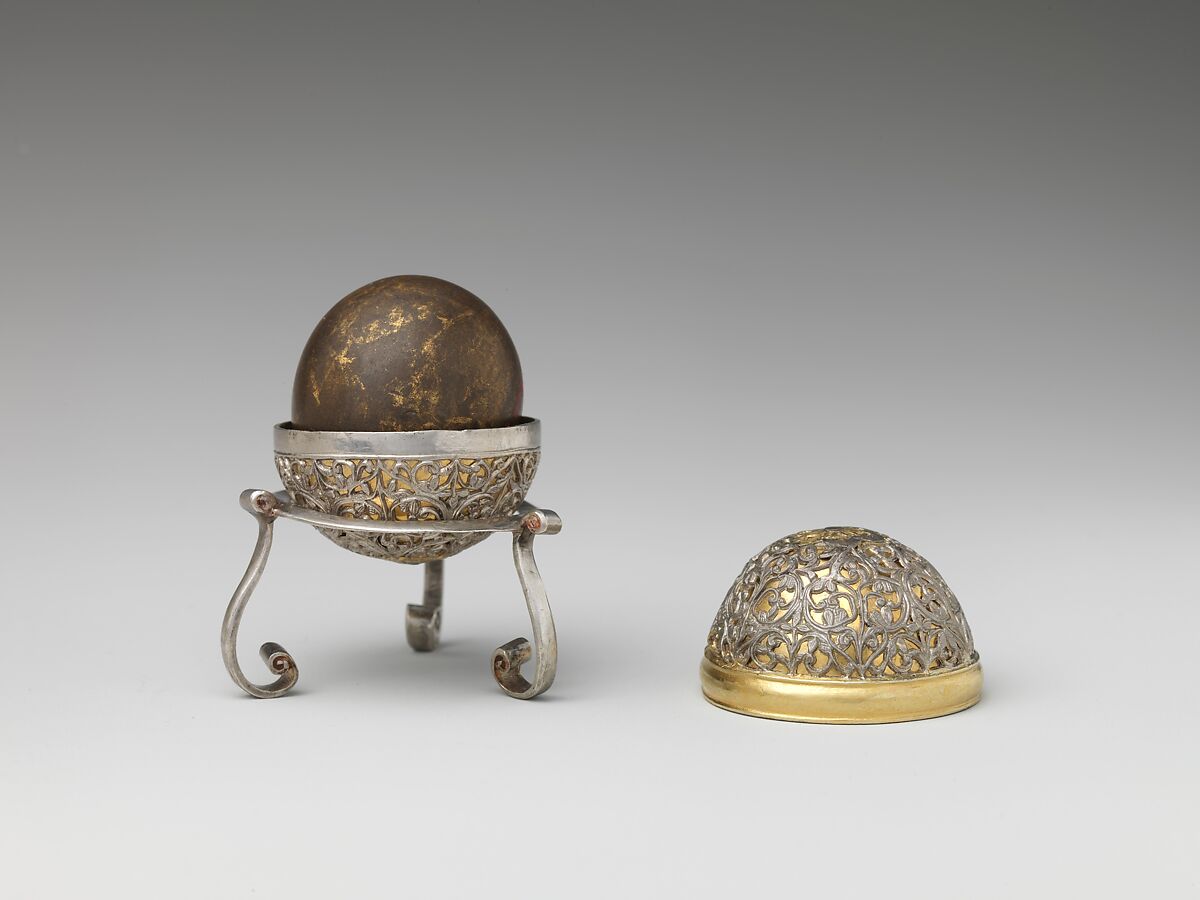 Bezoar Stone with Case and Stand, Container: silver; pierced, chased, and mercury-gilded
Goa stone: compound of organic and inorganic materials; mercury-gilded 