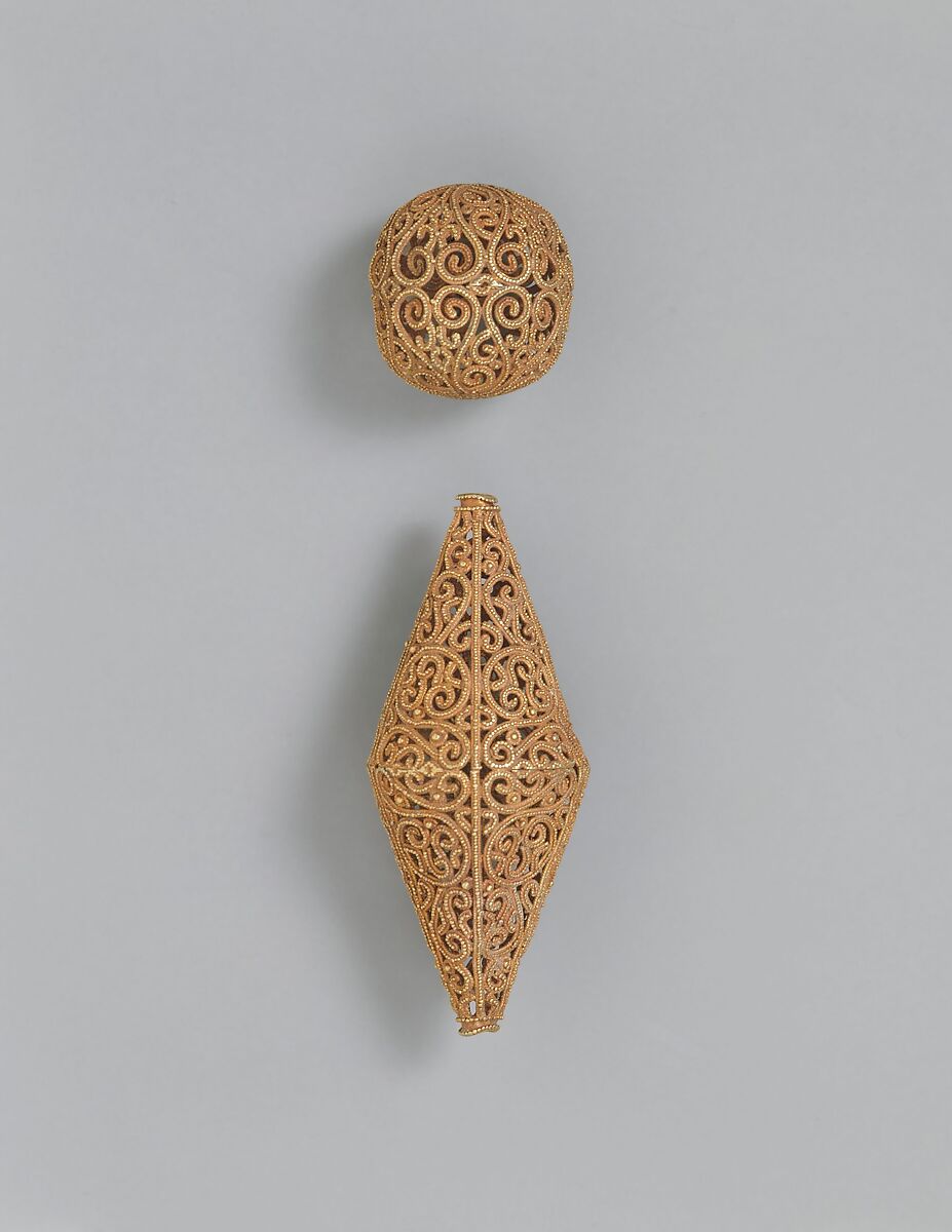 Biconical Bead with Scrolls, Gold; filigree and granulation