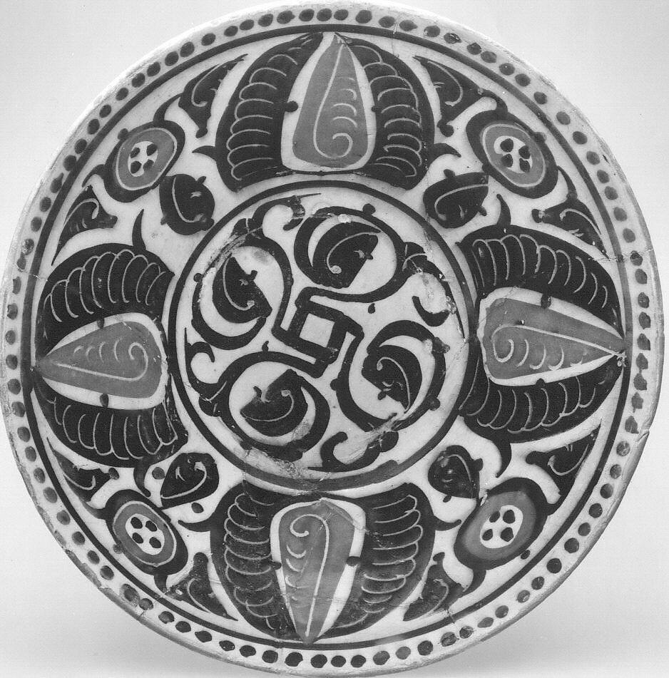 Bowl with Red and Purplish-black Palmettes, Earthenware; white slip with polychrome slip decoration under transparent glaze