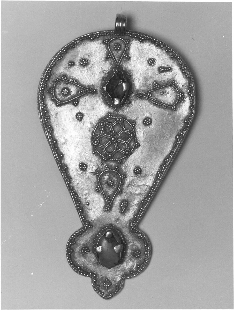 Pendant, Gold; granulation, set with pearls, turquoise and pink tourmaline