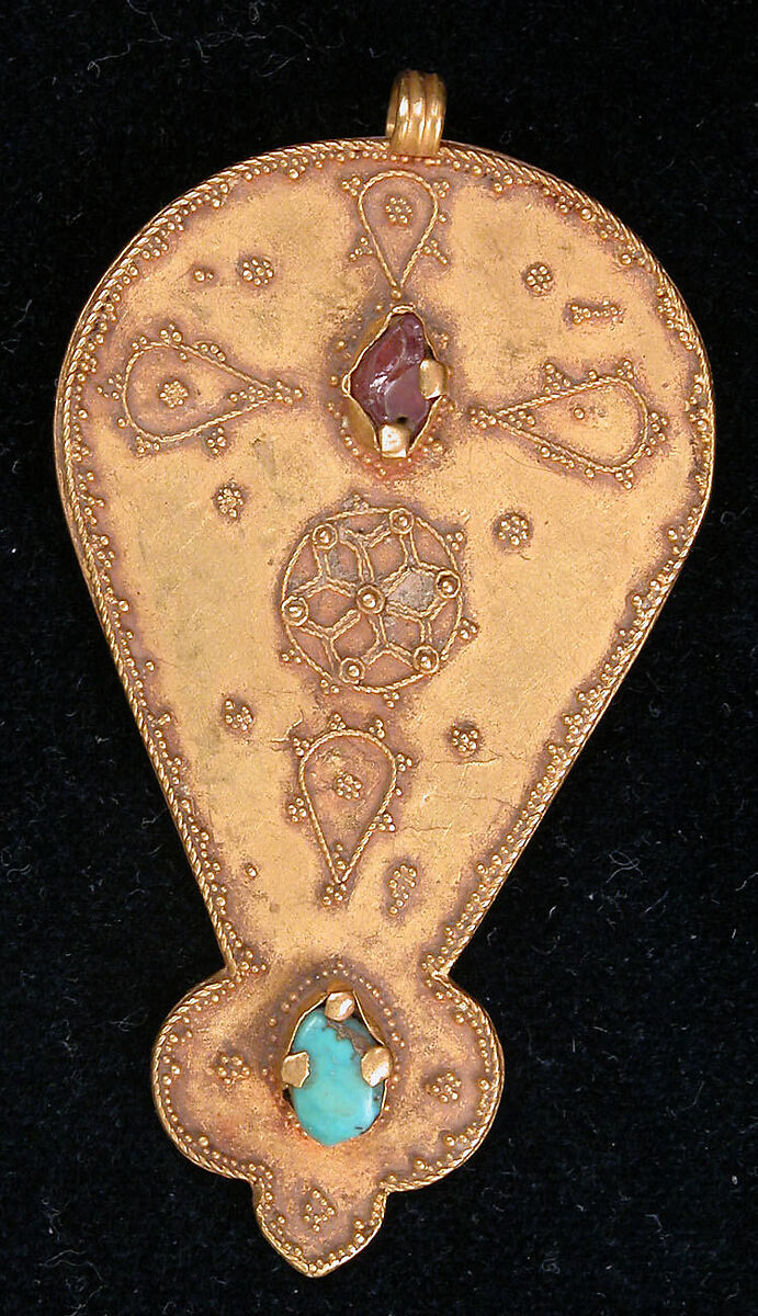 Pendant, Gold; granulation, set with pearls, turquoise and pink tourmaline 
